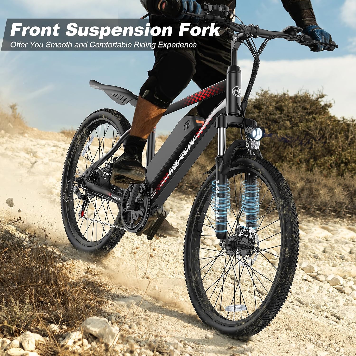 VARUN Electric Bike - 500W Peak Motor, 24/26' All-Terrain E-Bike, Up to 40 Miles & 20 MPH, Removable Battery, 7-Speed, Front Suspension, Dual Disc Brakes, with Free Accessory Pack