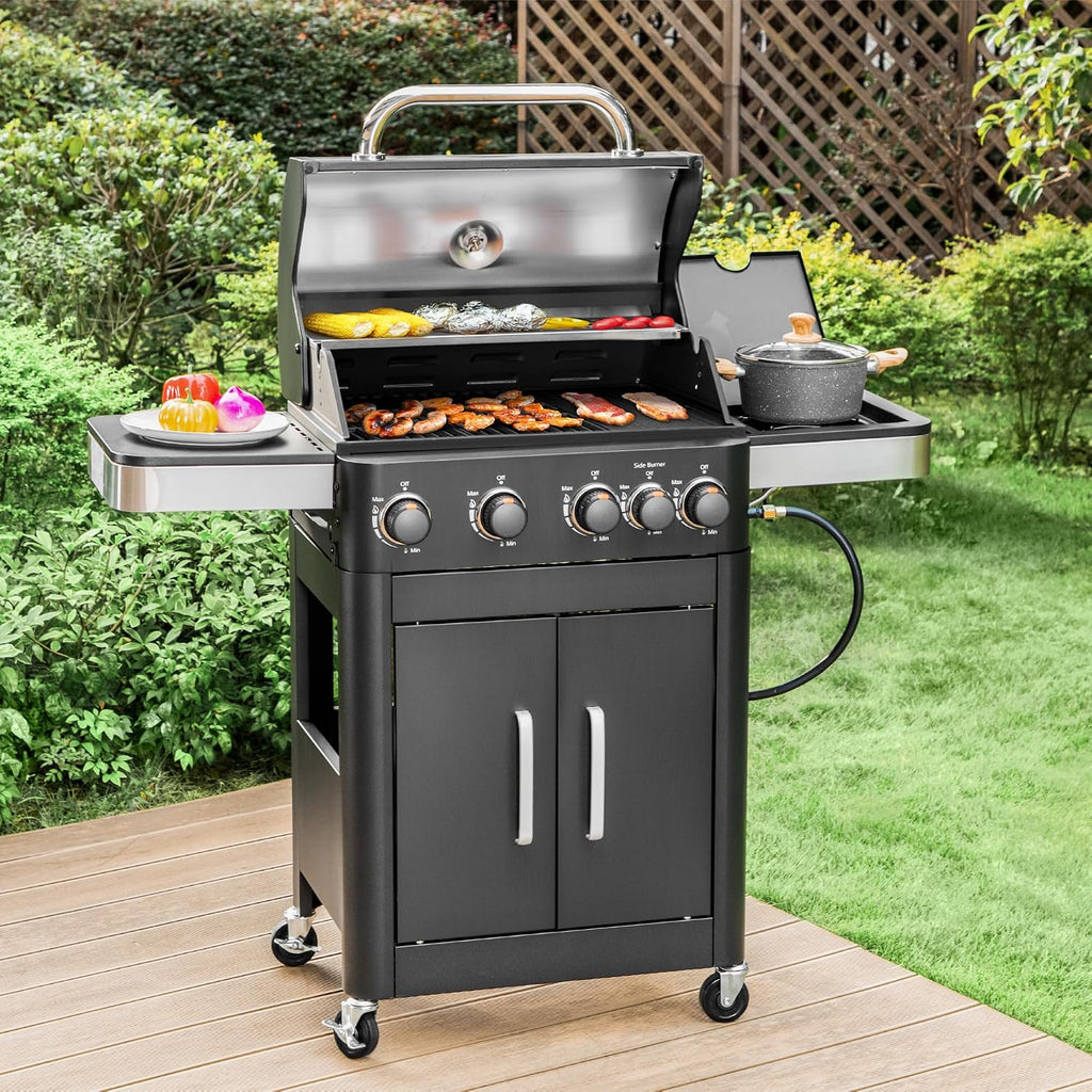 MFSTUDIO 4 Burners Propane Gas Grill and Griddle Combo with Side Burner, 2 in 1 Griddle Grill and Porcelain-Enameled Cast Iron Grates, 46,700 BTU Outdoor Cooking Barbecue Grill, Black