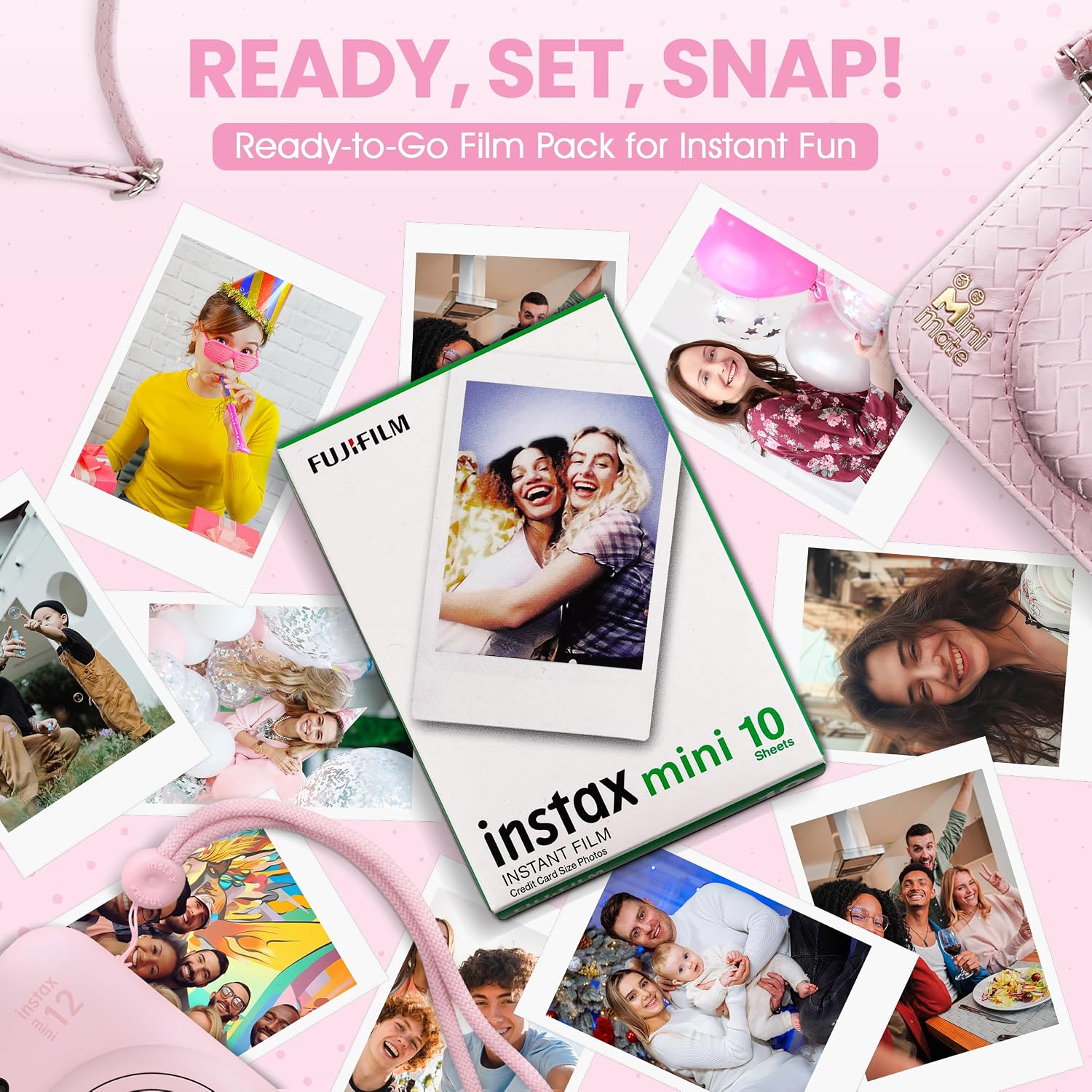 Fujifilm Instax Mini 12 Instant Camera Blossom Pink + Minimate Custom Designed Case + Fuji Instax Film 10 Sheets & Photo Album
