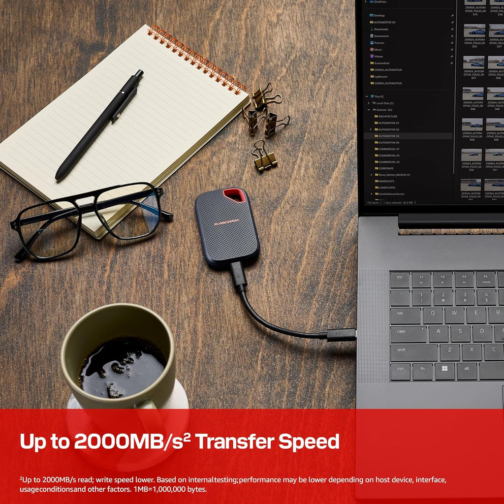 SANDISK 1TB Extreme Portable SSD (New Model) - up to 2000MB/s Transfer speeds, USB Type-C connectivity, Reliable Durability - Black - SDSSDE70-1T00-G25