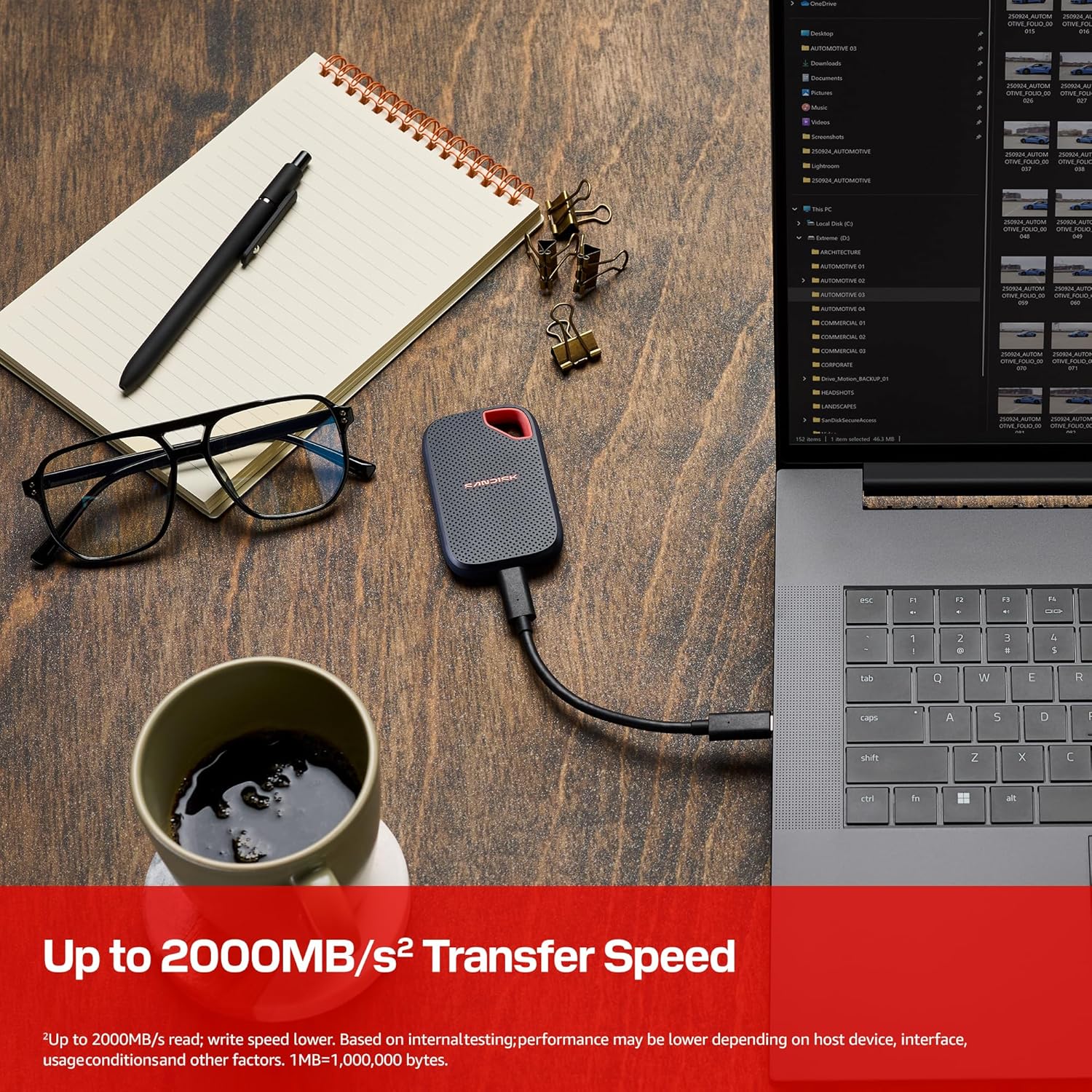 SANDISK 1TB Extreme Portable SSD (New Model) - up to 2000MB/s Transfer speeds, USB Type-C connectivity, Reliable Durability - Black - SDSSDE70-1T00-G25