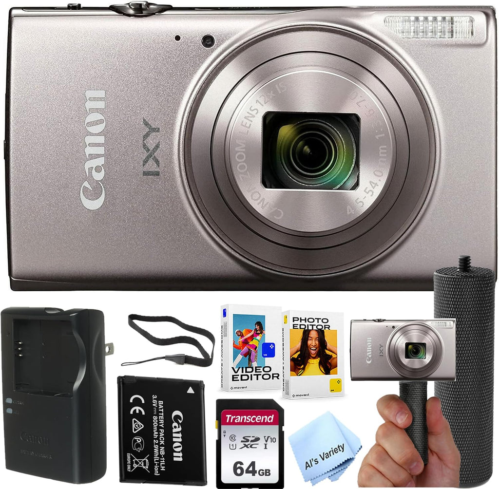 Canon PowerShot IXY 650 (ELPH 360) HS Digital Camera (Silver)+ 64GB Memory + Stabilizing Grip + Software Pack +More (Renewed)