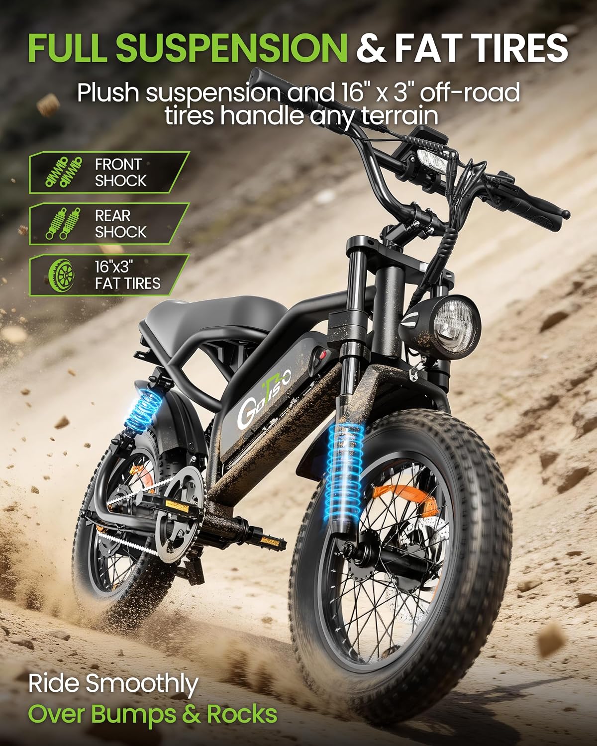 ADISTAR 16' Electric Bike for Adults/Teens, Peak 1500W & 65 Miles Long Range, 48V 15.6Ah Battery, Up to 28Mph, Full Suspension Fat Tire All-Terrain EBike on Mountains,Snow,Sand,Black