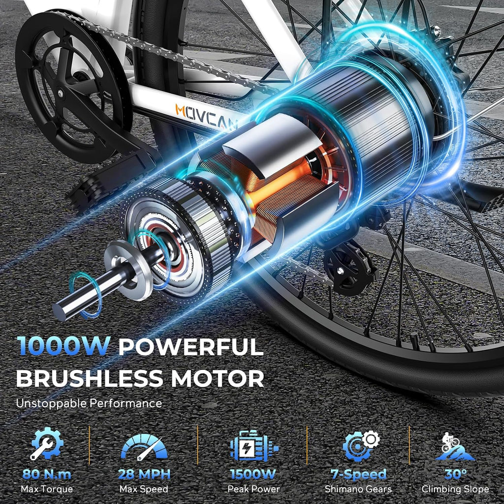 Movcan V80 Electric Bike, 1000W Motor 28MPH 26'' City Cruiser Ebike for Adults, 48V 13Ah Removable Battery Up to 70 Miles, 7-Speed Dual Disc Brake, Mountain E-Bike for Commuting