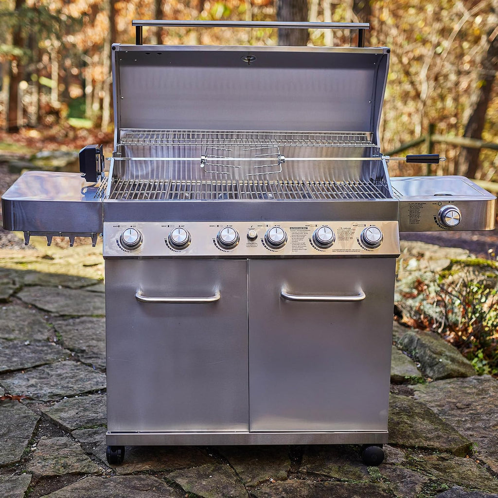 Monument Grills 77352 6+1 Burner Stainless Steel Cabinet Style Propane Gas Grill with Knob Controls, Side Burner, Built-In Thermometer, and Rotisserie Kit