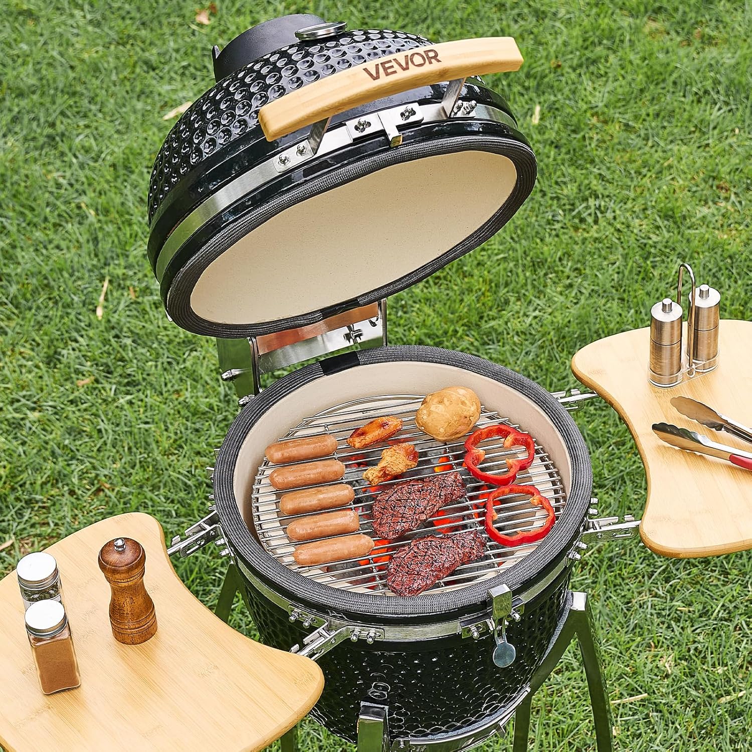VEVOR Charcoal Smoker and Grill, 18' Kamado Charcoal BBQ Smoker, Movable Ceramic Barbecue Grill with 4 Wheels (2 Lockable), Built-in Thermometer, Air Vents & Side Shelf for Outdoor Patio Yard Cooking