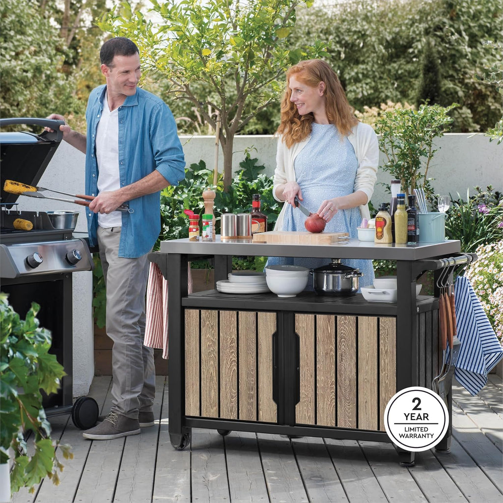 Keter Unity XL Outdoor Entertainment Cart with Wood‑Look Finish, 78‑Gallon Patio Storage Cabinet, Food Prep Station, Stainless‑Steel Top for BBQ, Grill, Patio, Deck & Backyard, Ashwood