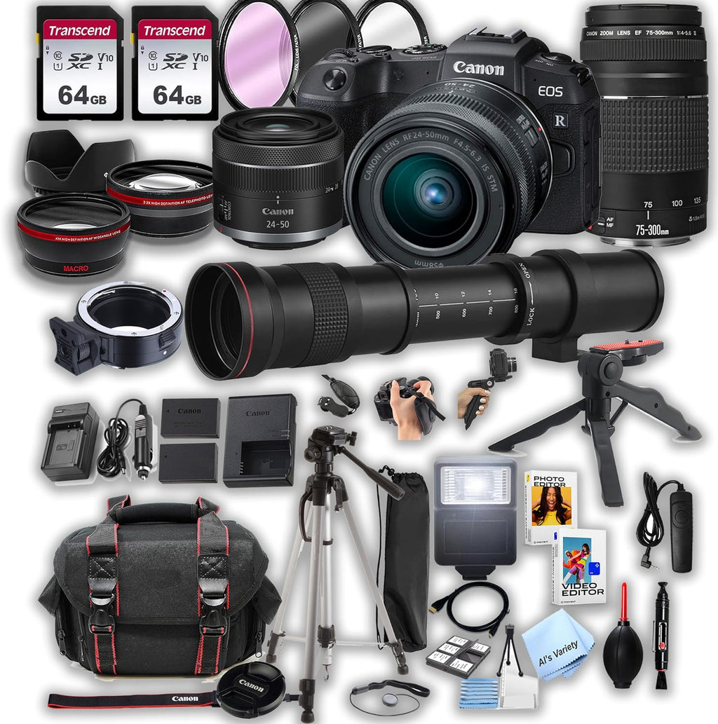 Canon EOS RP Mirrorless Digital Camera 24-50mm and 75-300mm Lenses + 420-800mm Super Telephoto Lens + 128GB Memory, Spare Battery, Filters,Case, Tripod, Flash, and More (43pc Bundle) (Renewed)