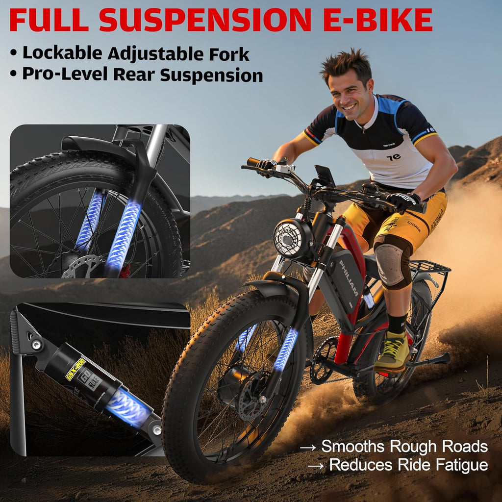 Electric Bike for Adults,5000W/3000W Peak Dual Motor ebike 35MPH E Bikes for Men Women,52V 32/23AH Battery, 80/100 Miles Range Ebike,26'Fat Tire Full Suspension E-Bike