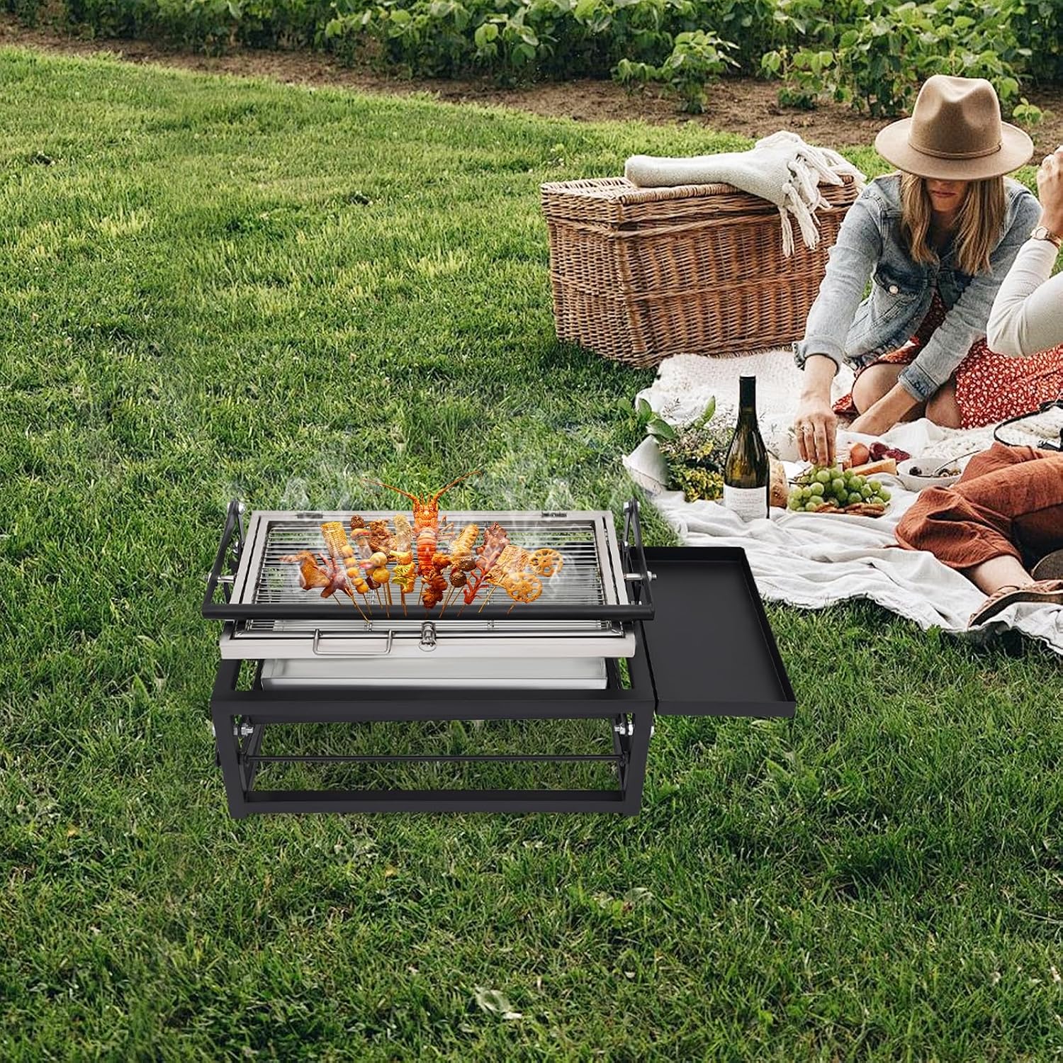 Charcoal Flip Grill, Vertical Rotating BBQ with Adjustable Height, Wheels, Tabletop Option, 8-Person Portable Outdoor Freestanding Grill for Patio, Camping, Picnics, Family Gatherings