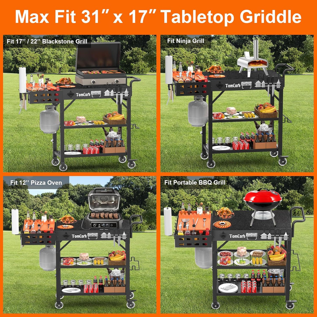 TomCare Grill Table with 3-Tier Storage Shelves Lockable Wheels Grill Cart with Silicone Grill Mat Heavy Duty Outdoor Tabletop Griddle Stand Holds 500Lbs Fits 22' Blackstone Ninja Cuisinart BBQ Grill