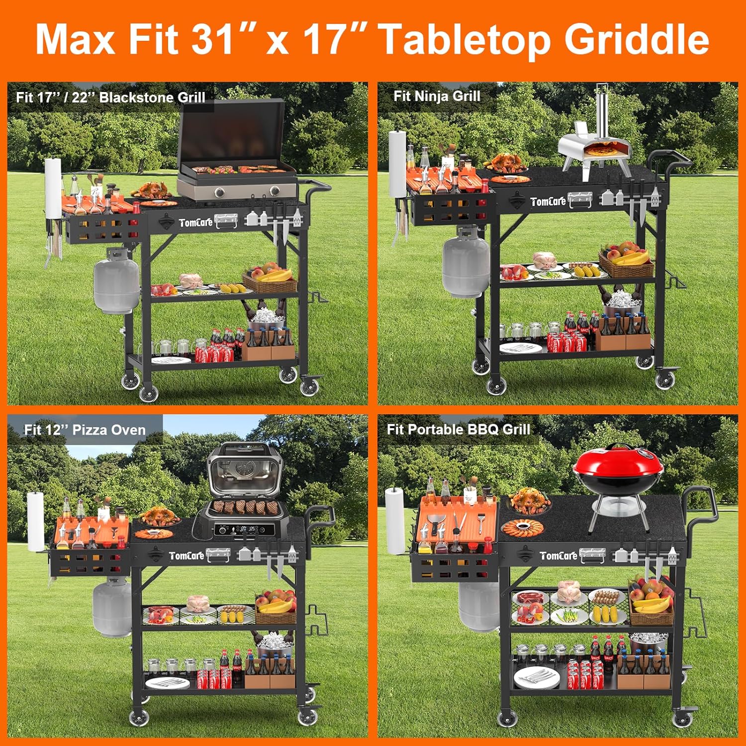 TomCare Grill Table with 3-Tier Storage Shelves Lockable Wheels Grill Cart with Silicone Grill Mat Heavy Duty Outdoor Tabletop Griddle Stand Holds 500Lbs Fits 22' Blackstone Ninja Cuisinart BBQ Grill
