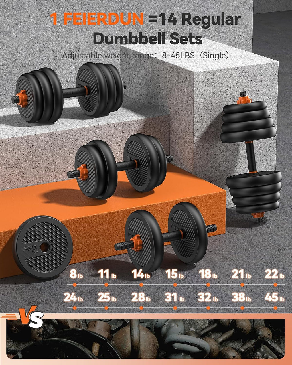 FEIERDUN DS2 Adjustable Dumbbells, 20/30/40/45/70/90lbs Free Weight Set with Connector, 5 in1 Dumbbells Set Used as Barbell, Kettlebells, Push up Stand, Weight Plate, Fitness Exercises for Home Gym Suitable Men/Women