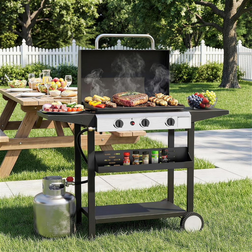 3 Burner BBQ Gas Griddle with Hood, 25.6 Inch Stainless Steel Portable Detachable Propane Griddle, 45,000 BTU Flat Top Grill with Side Shelves for Camping Tailgating, Black