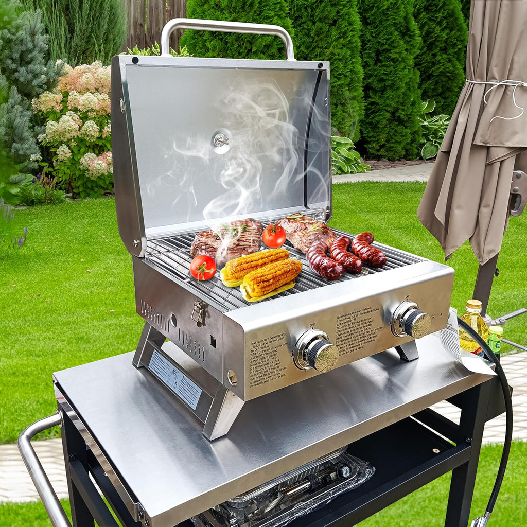 BBQCuker Portable Propane Gas Grill 2-Burner Tabletop with Foldable Legs for Outdoor Camping Cooking Two 10,000 BTU Burners Stainless Steel, and Built-in Thermometer Chef's Style