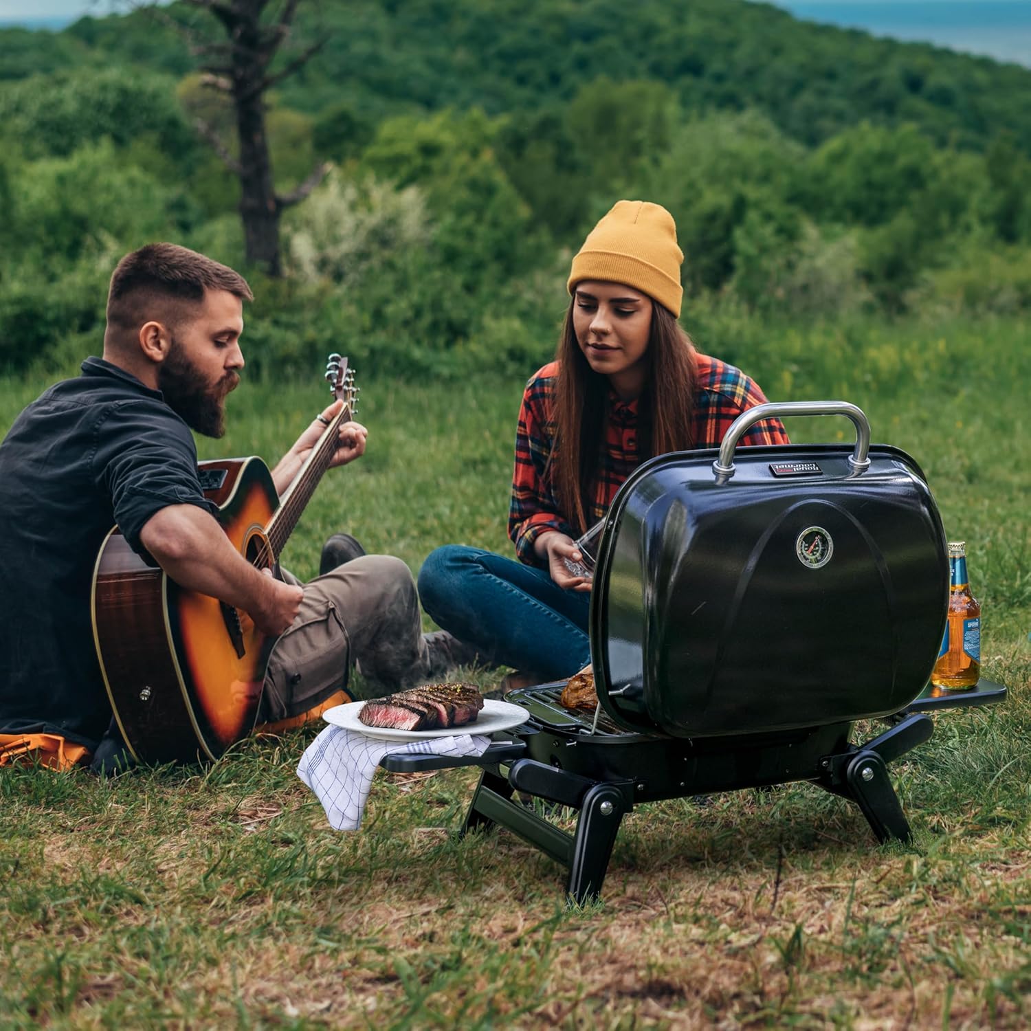 2-Burner Portable Propane Gas Grill with Foldable Side Tables and Legs, Outdoor Tabletop Gas Grill with Warming Rack for Travel, Picnic, Tailgate, Camping, Black, GT2005-SC