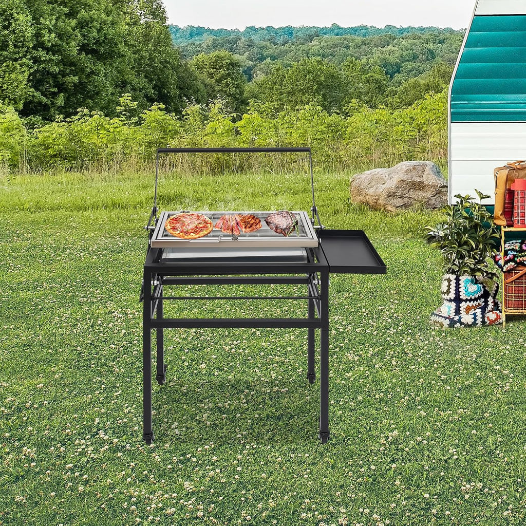 Charcoal Grills Commercial Quality, Heavy Duty Square Outdoor Portable Grillwith 360 Degrees Reversible Cooking Grid & Removable Tray & Adjustable Height.360' Rotating Cooking Grid