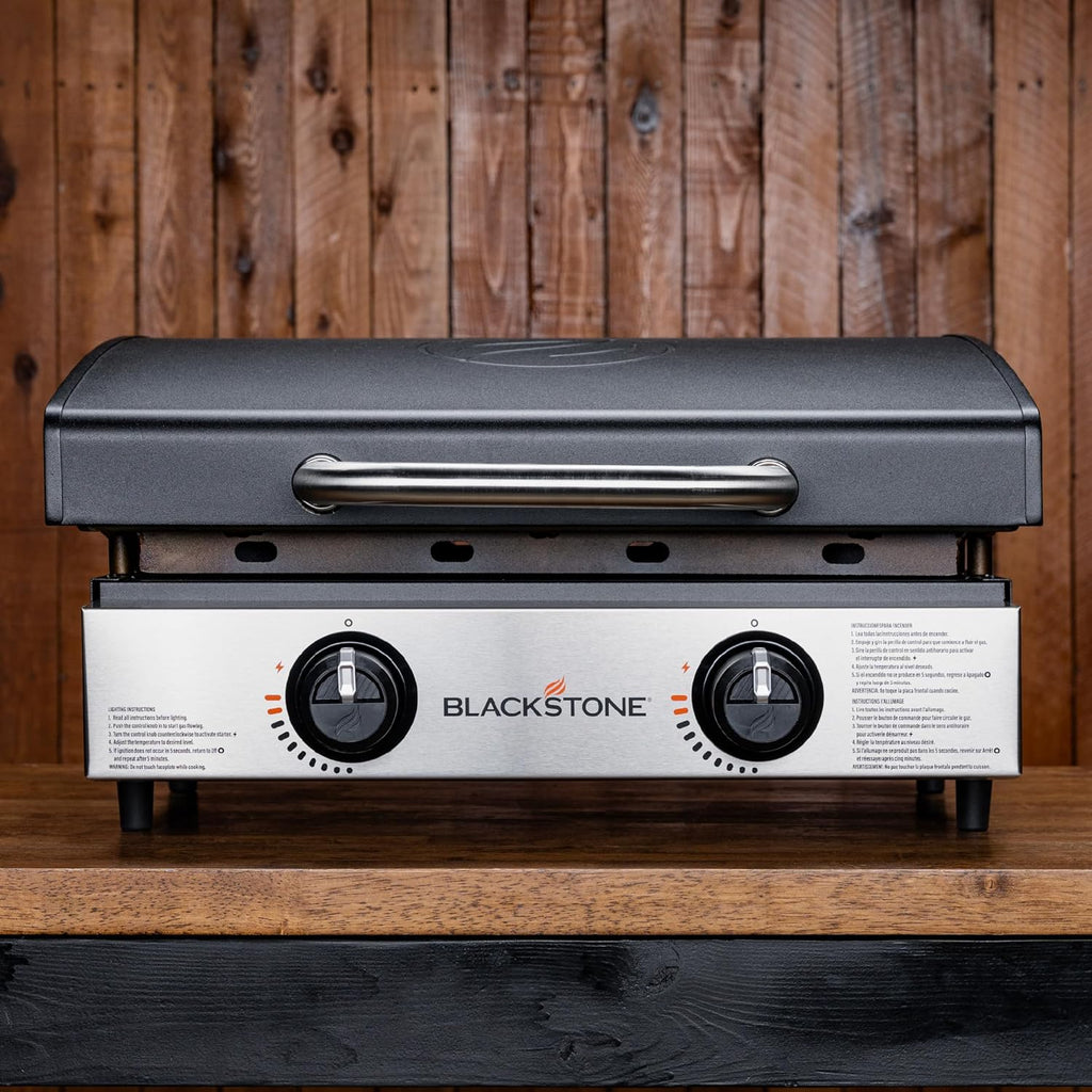 Blackstone 1813 Original 22' Tabletop Griddle with Hood and Stainless Steel Front Plate, Powder Coated Steel, Black