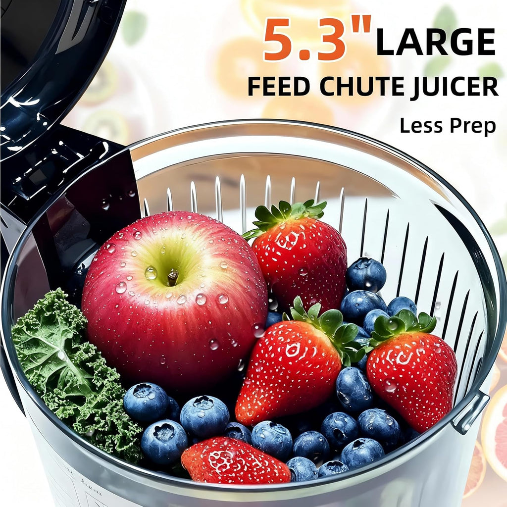 Cold Press Juicer Machines, 5.3' Large Feed Chute Slow Masticating Juicer for Whole Fruits & Vegetables, Easy Clean, 300W Quiet Juice Extractor, 99% High Juice Yield, Black