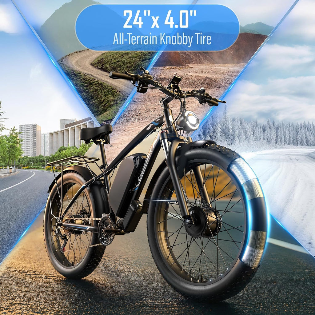 Dual Motor Electric Bike for Adults-6000W Peak, 52V 34AH Battery, 40-45MPH 100 Miles Long Range Ebike, Fat Tire 24 Inch, 7-Speed Hydraulic Brake, Electric Bicycles for Mountain Commuter