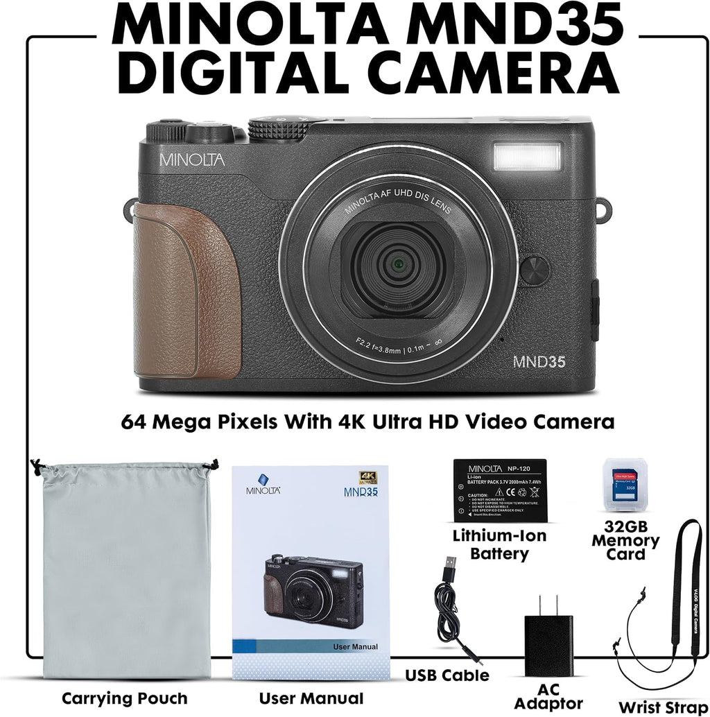 Minolta 64 Mega Pixels Digital Camera with Autofocus, 4K Video & Flip-up LCD