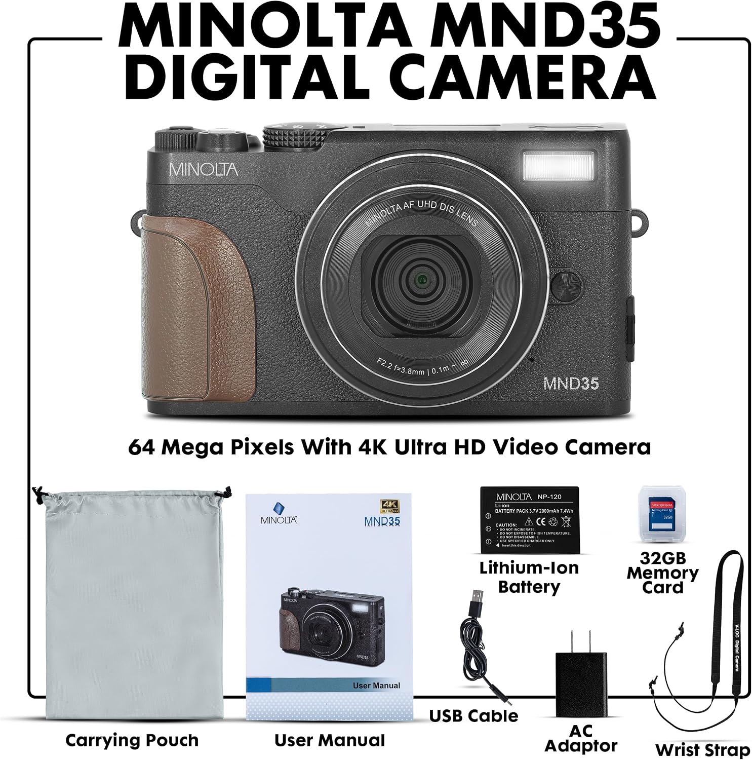 Minolta 64 Mega Pixels Digital Camera with Autofocus, 4K Video & Flip-up LCD