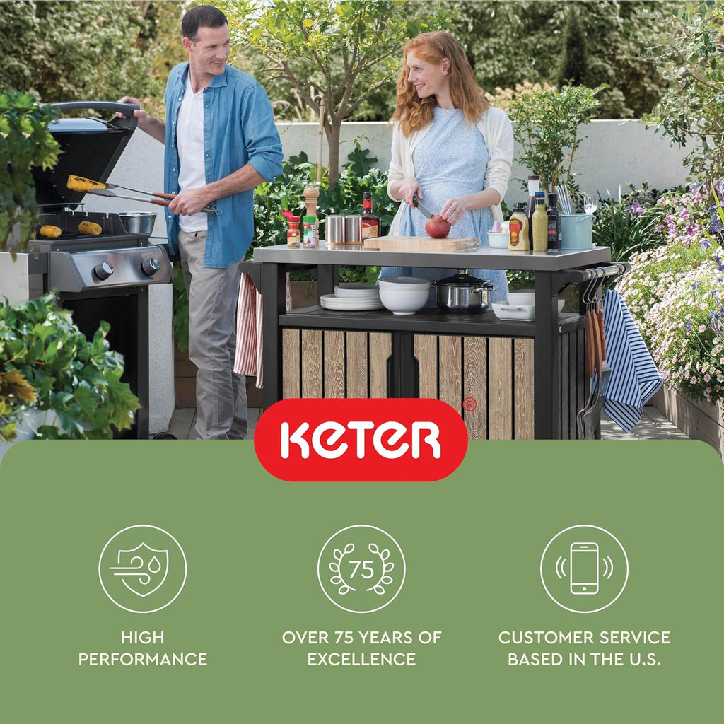 Keter Unity XL Outdoor Entertainment Cart with Wood‑Look Finish, 78‑Gallon Patio Storage Cabinet, Food Prep Station, Stainless‑Steel Top for BBQ, Grill, Patio, Deck & Backyard, Ashwood