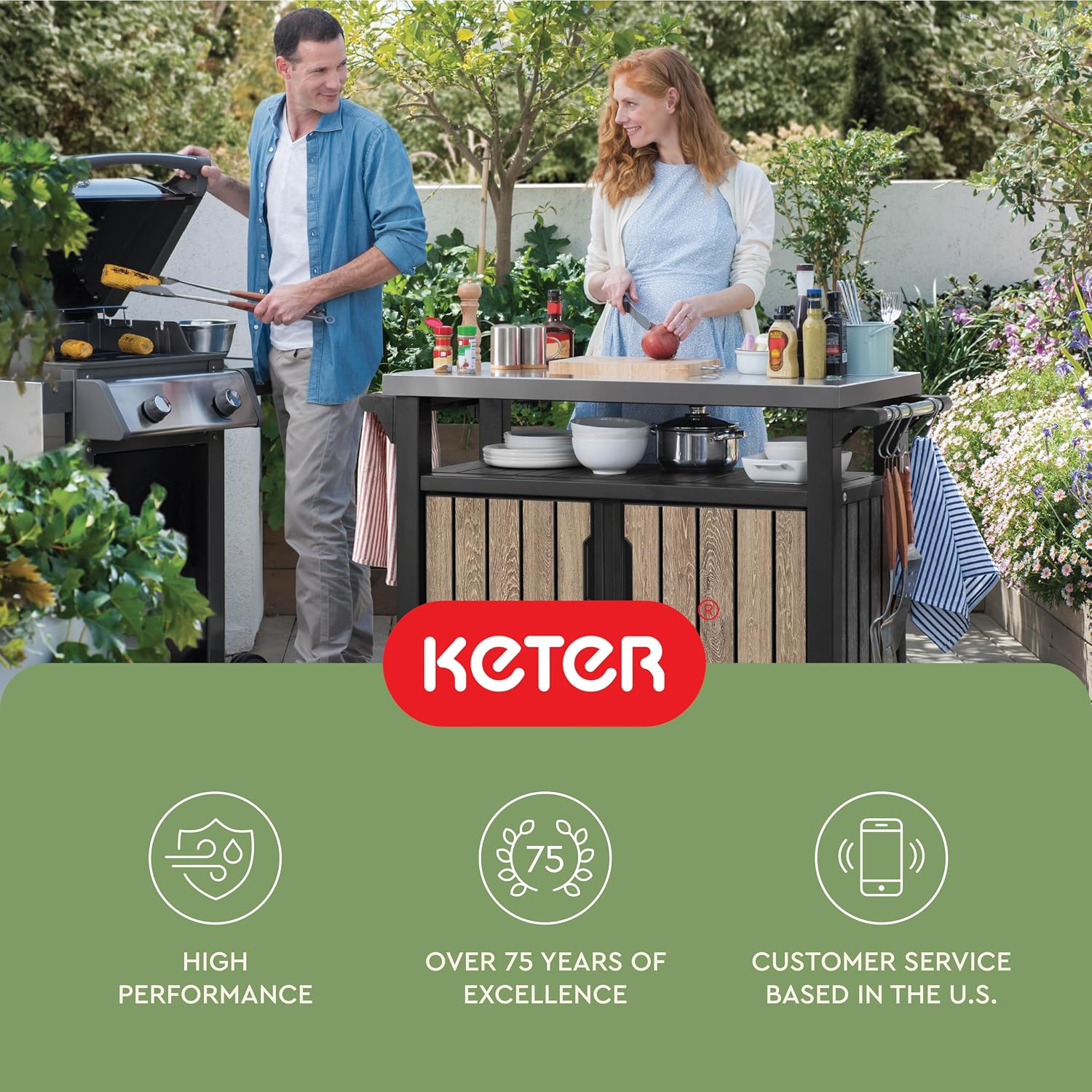Keter Unity XL Outdoor Entertainment Cart with Wood‑Look Finish, 78‑Gallon Patio Storage Cabinet, Food Prep Station, Stainless‑Steel Top for BBQ, Grill, Patio, Deck & Backyard, Ashwood