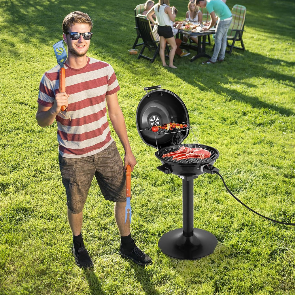 Electric BBQ Grill with Stand, 1600W Portable Indoor Outdoor Electric Grill with Lid and Warming Rack, Double Layer Design, Adjustable Temperature Control, Fits 10 Burgers, Backyard Cooking Black