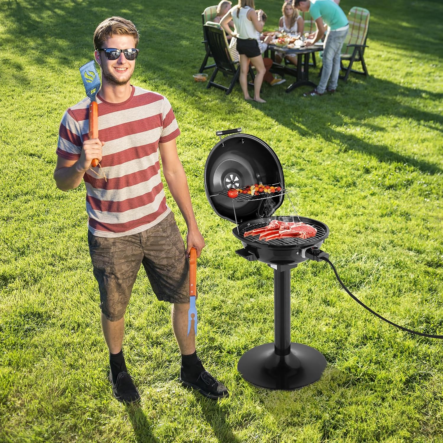 Electric BBQ Grill with Stand, 1600W Portable Indoor Outdoor Electric Grill with Lid and Warming Rack, Double Layer Design, Adjustable Temperature Control, Fits 10 Burgers, Backyard Cooking Black