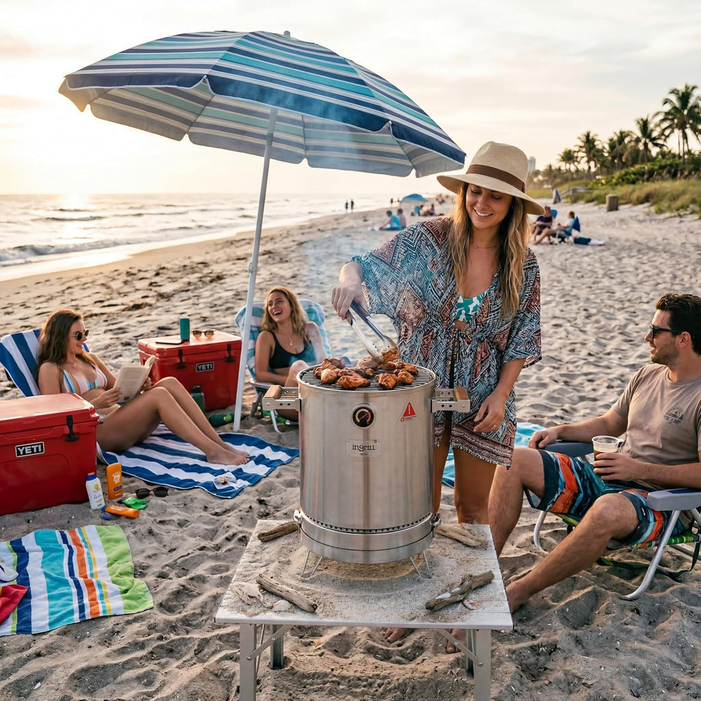 INGRILL Mini Charcoal Grill Smoker Portable BBQ 6 LBS Stainless Steel Barrel for Camping, Small Outdoor Cooking with Thermometer