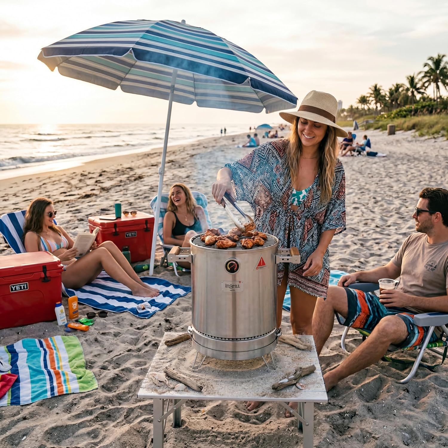 INGRILL Mini Charcoal Grill Smoker Portable BBQ 6 LBS Stainless Steel Barrel for Camping, Small Outdoor Cooking with Thermometer