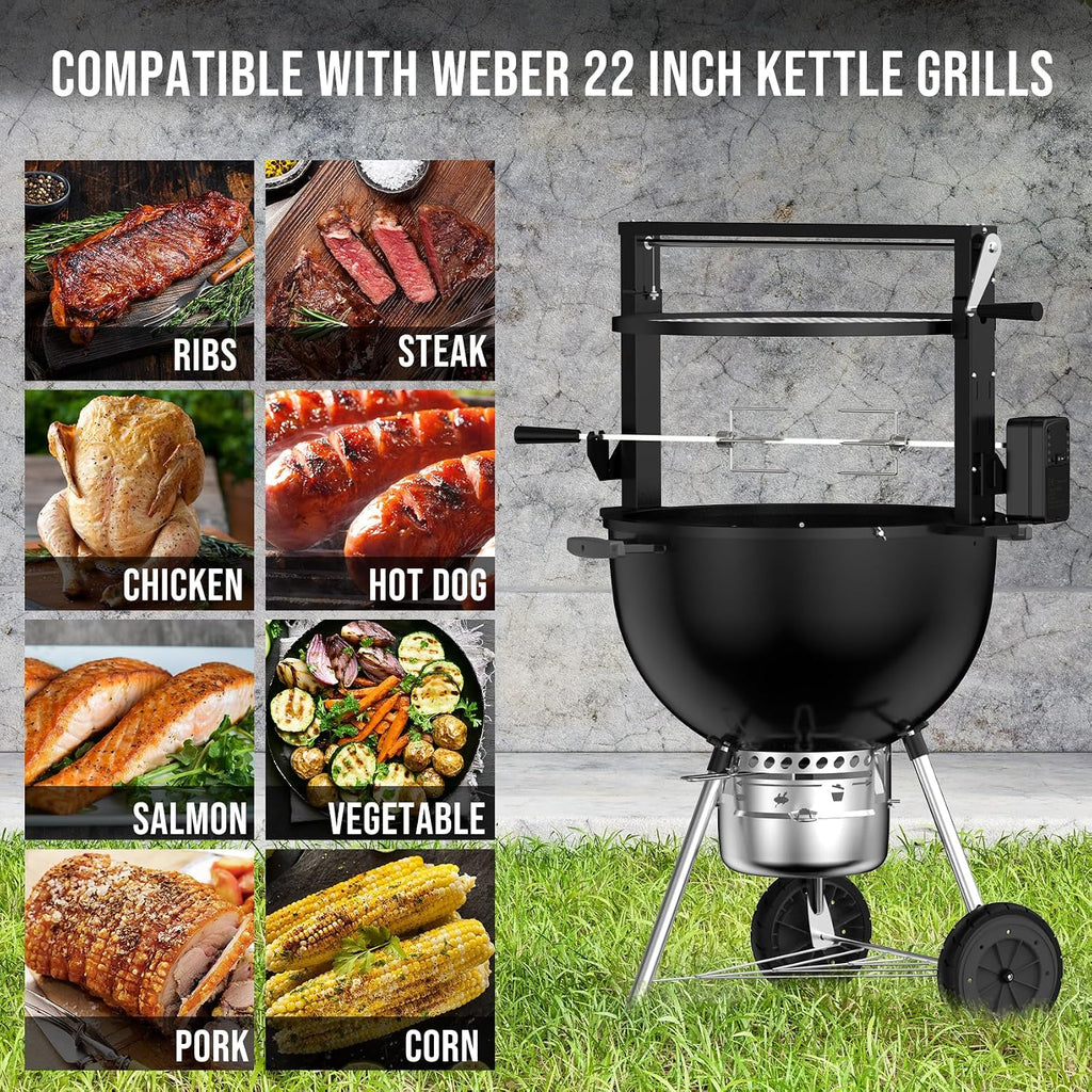 Skyflame Charkettle BBQ Grill Rotisserie System Kit with Adjustable Cooking Grate, Compatible with Weber 22-inch Kettle Grills