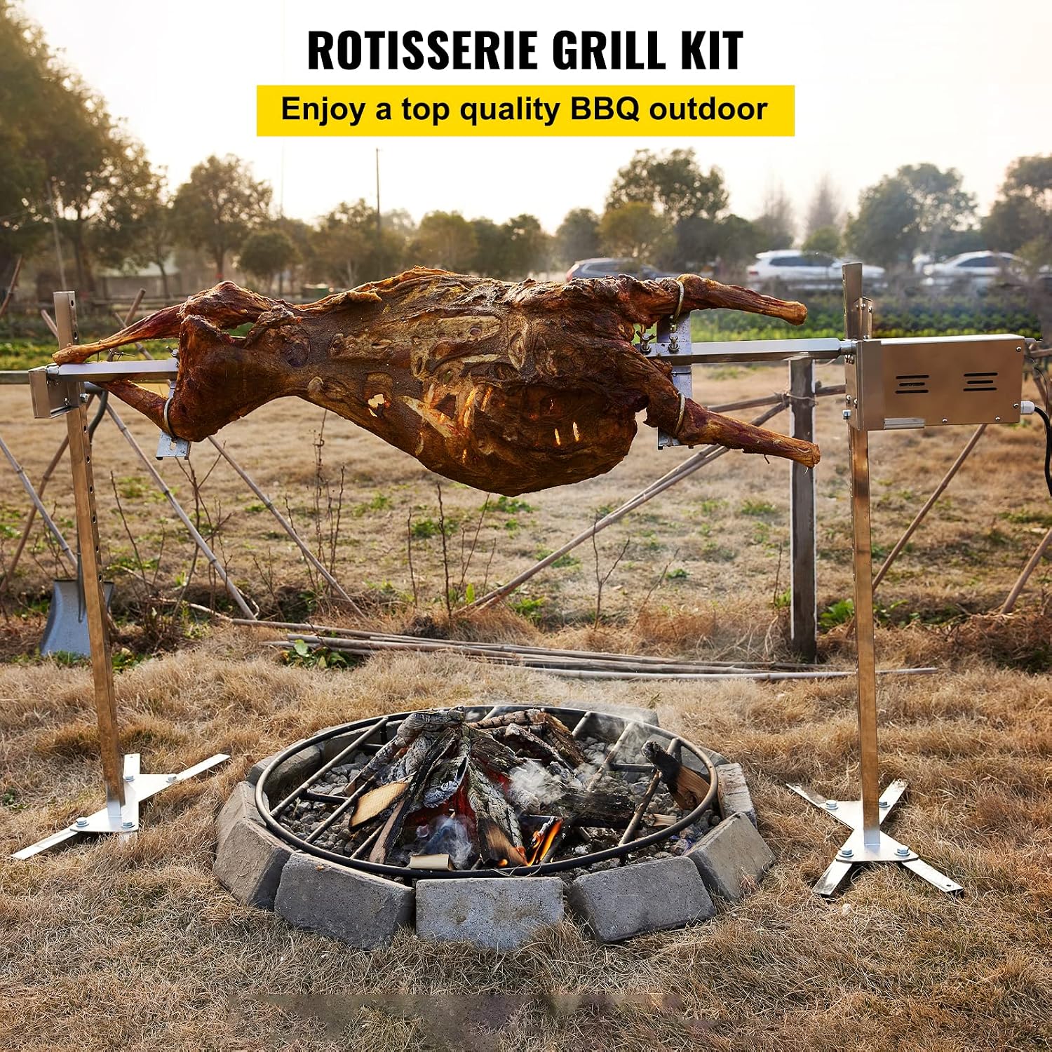 VBENLEM 46'' Electric BBQ Rotisserie Grill Kit，Max Capacity 90 LB ,Automatic 32W Motor and Height Adjustable Stainless Steel Roaster Stand for Pig Rotisserie Hog Lamb Outdoor Party Campfire Barbecue