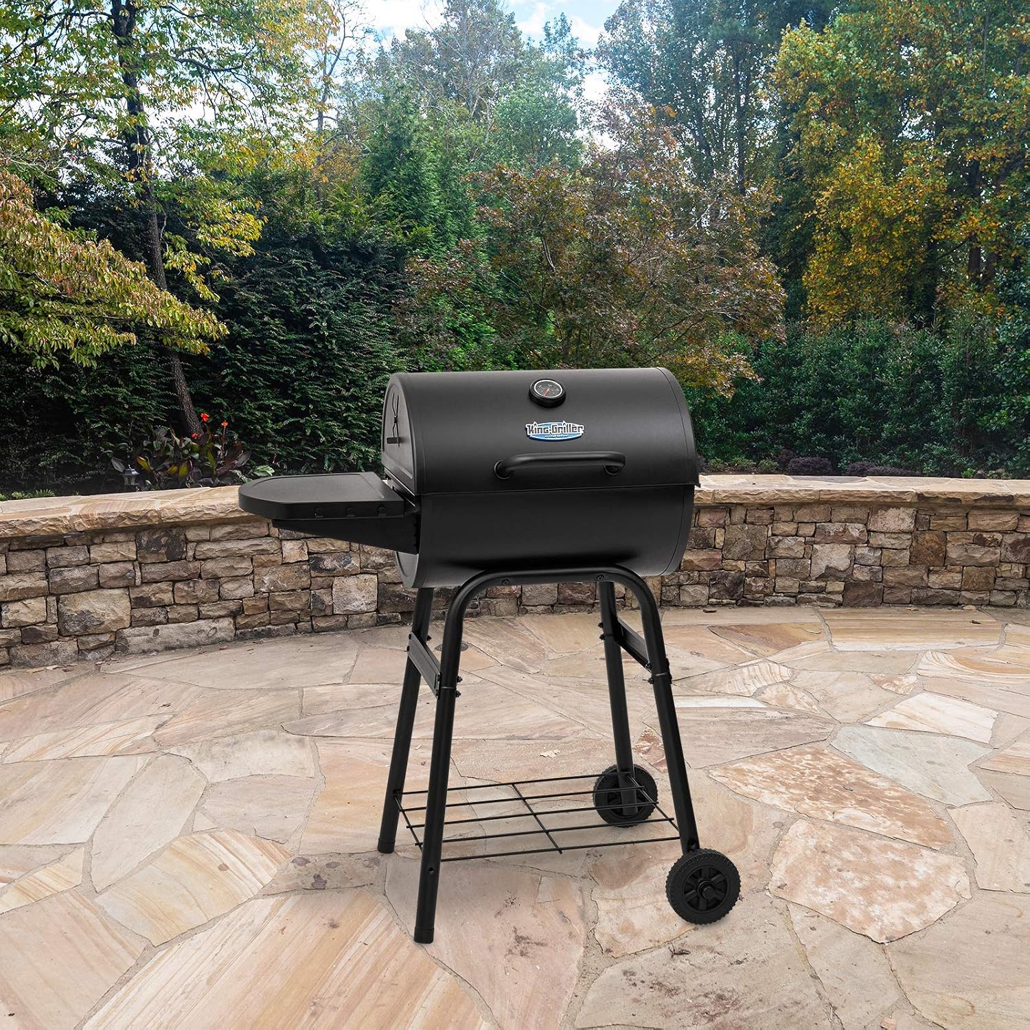 Char-Griller® King-Griller Gambler Charcoal Grill and Smoker with Damper Smoke Control, Cast Iron Grates, and Side Shelf, 315 Cooking Square Inches in Black, Model E1416