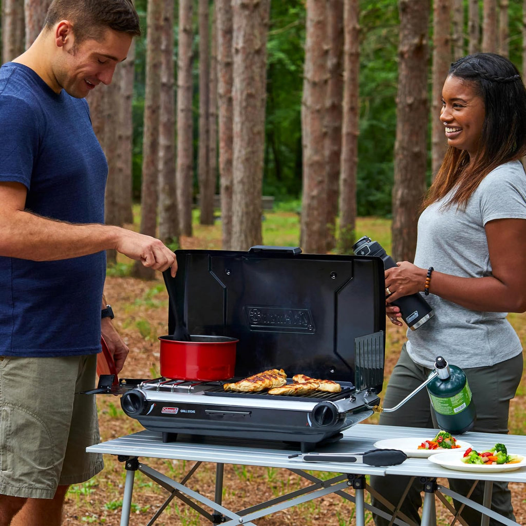 Coleman Tabletop 2-in-1 Camping Grill/Stove, 2-Burner Propane Grill & Stove with Adjustable Burners & 20,000 BTUs of Power, Great for Camping, Tailgating, Grilling