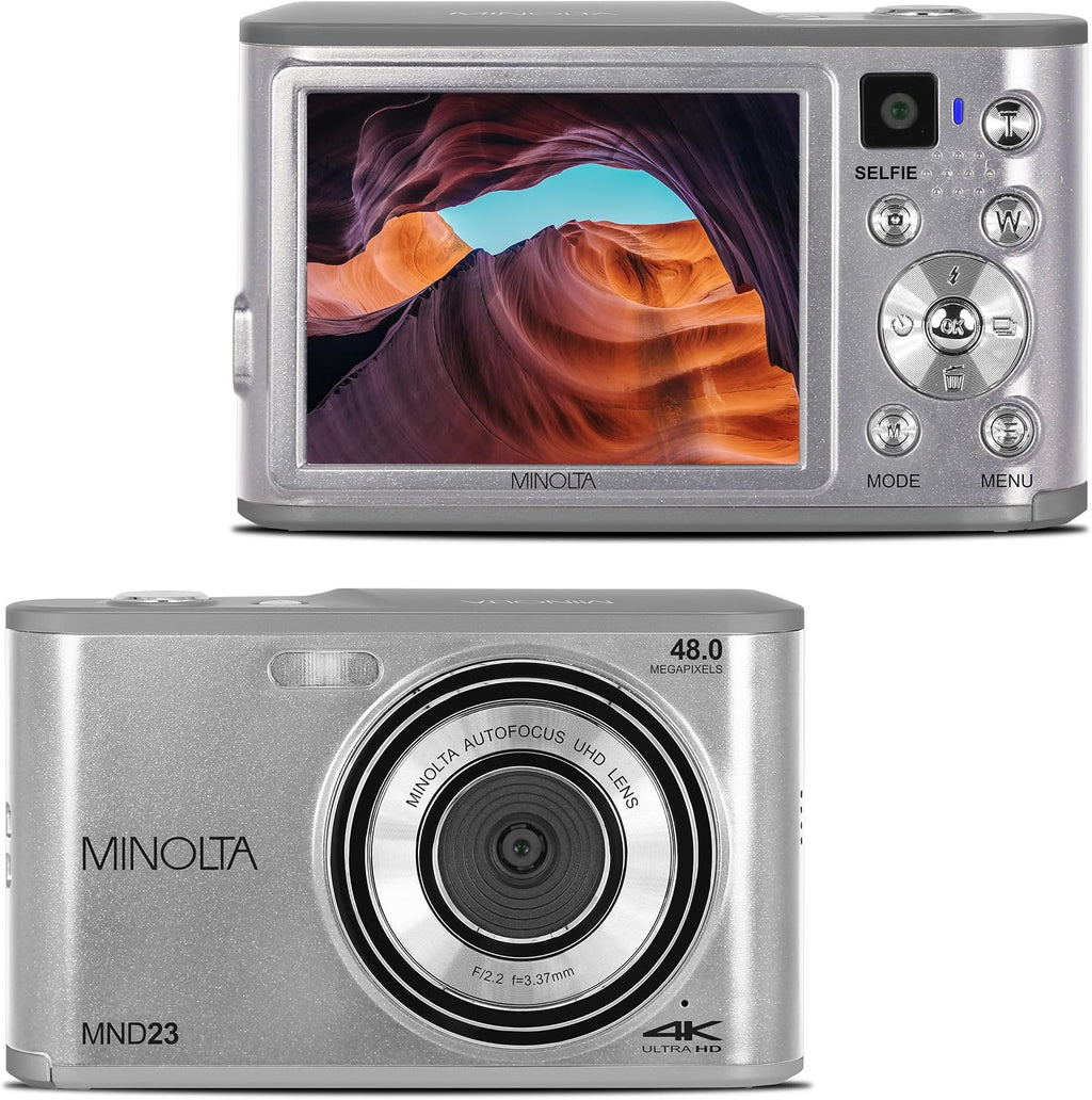 Minolta 48MP Digital Camera with Rear Selfie Lens – 4K Ultra HD Video, 2.8' LCD Screen, 16X Digital Zoom, Autofocus, Slow Motion, Time Lapse, Filters, Scene Modes, 32GB Card Included (Silver)