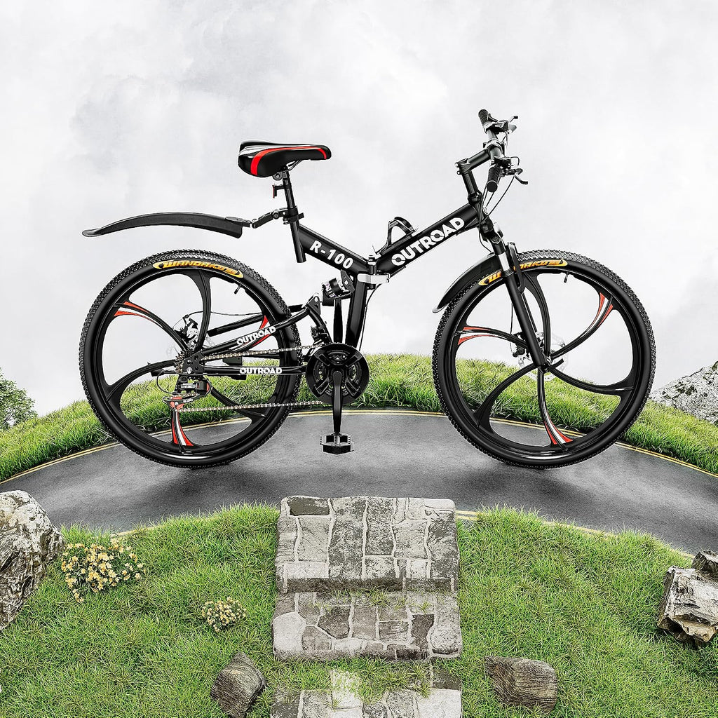 26 Inch Adult Folding Bikes/Mountain Bikes, 21 Speeds Mountain Bicycles with Full Suspension, Dual Disc Brake, High Carbon Steel Frame, Foldable Bike for Men/Women/Teen, HM-Black