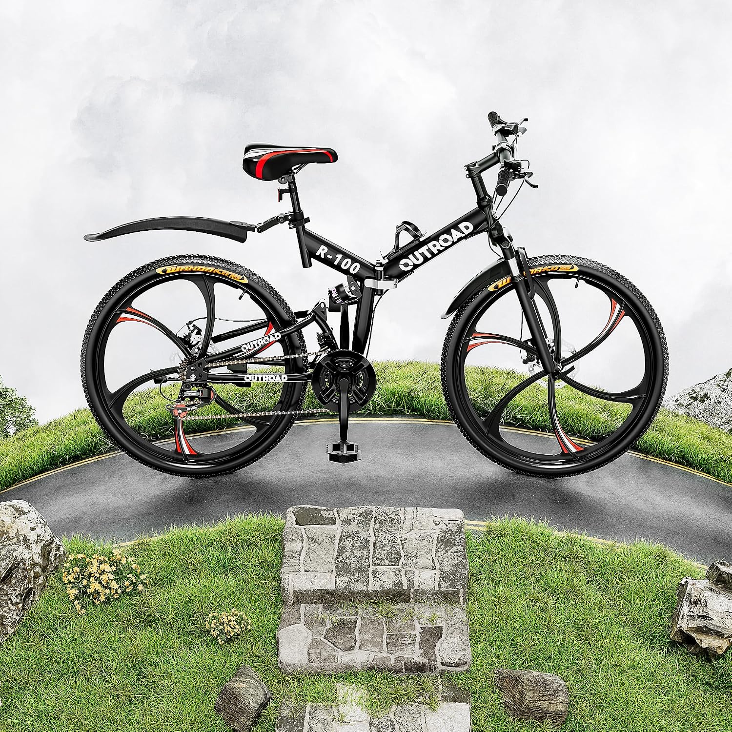 26 Inch Adult Folding Bikes/Mountain Bikes, 21 Speeds Mountain Bicycles with Full Suspension, Dual Disc Brake, High Carbon Steel Frame, Foldable Bike for Men/Women/Teen, HM-Black