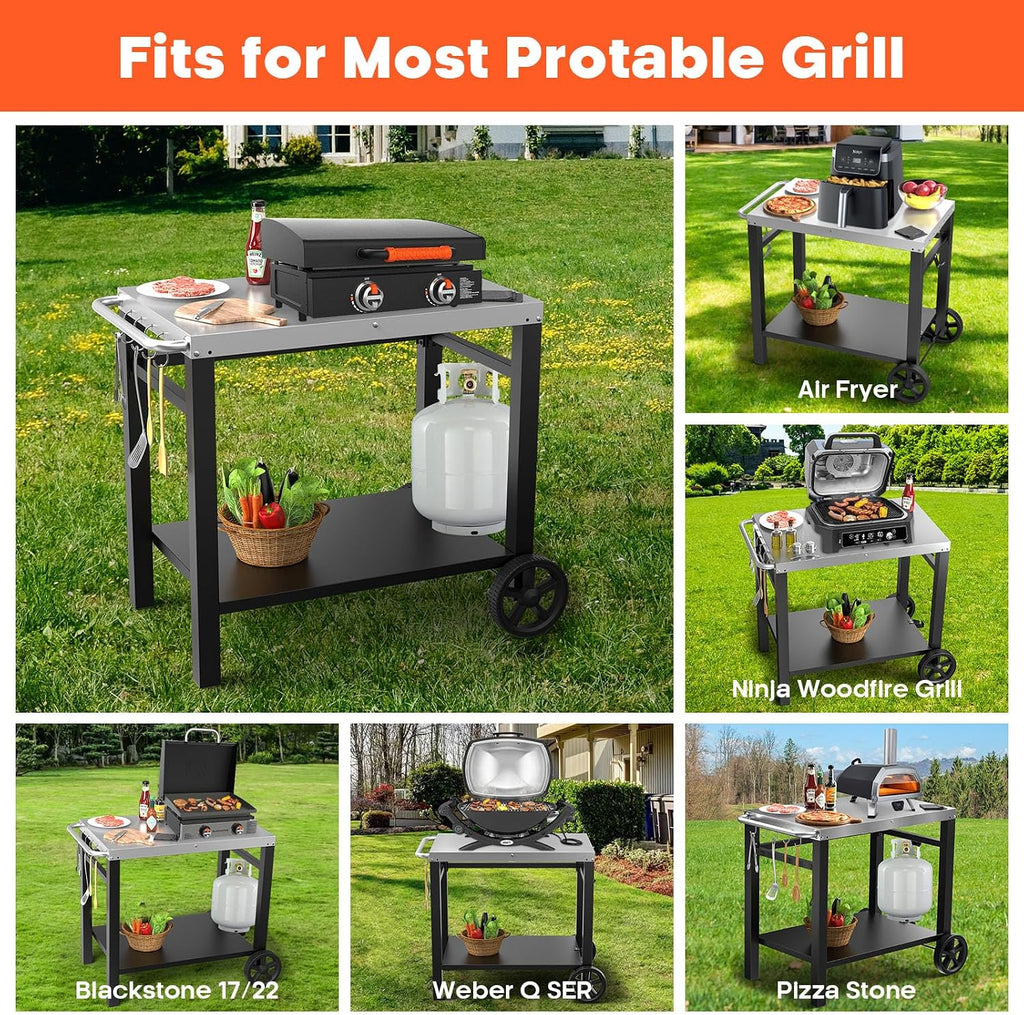 Double-Shelves Stainless Steel Flattop Grill Cart, Movable Kitchen Indoor & Outdoor Cooking Station, Fits Ninja/Ooni/Blackstone/Weber Q, Pizza Oven Food Prep Table for Party, 33.5'×21'
