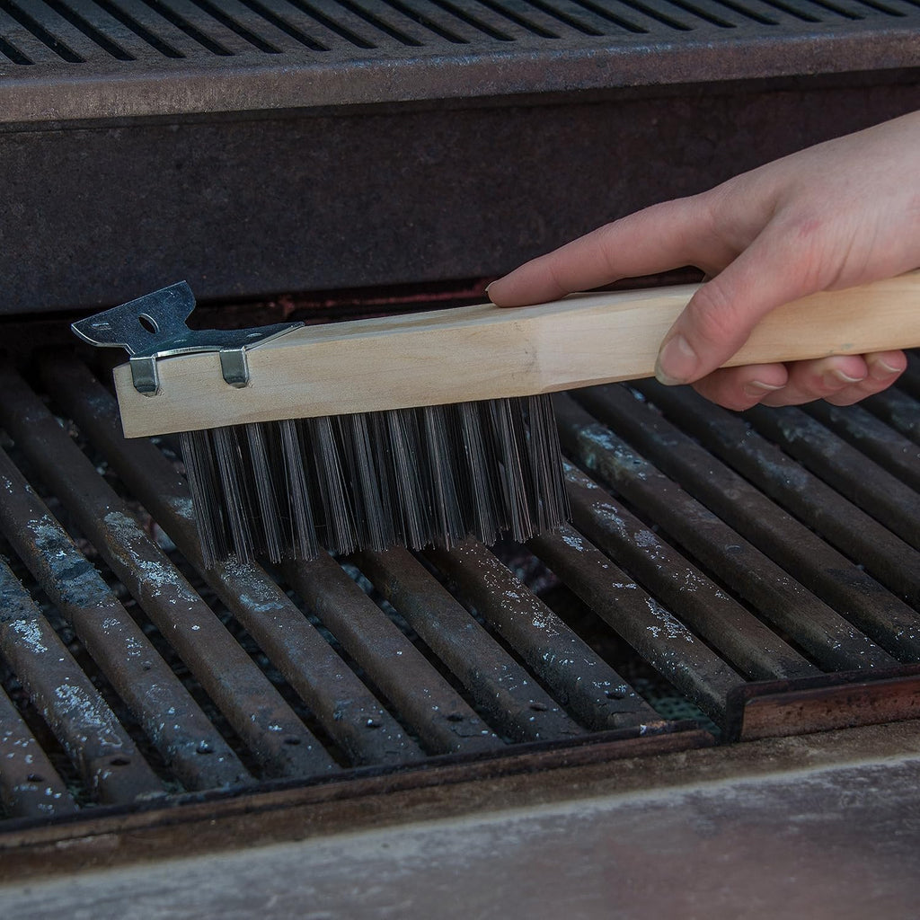 Carlisle FoodService Products Stainless Steel Wood Handle Scraper with Carbon Steel Bristles, Grill Brush, Grill Cleaning Brush with Carbon Steel Wire Bristles for Cleaning, 20 Inches, Tan, (12 Pack)