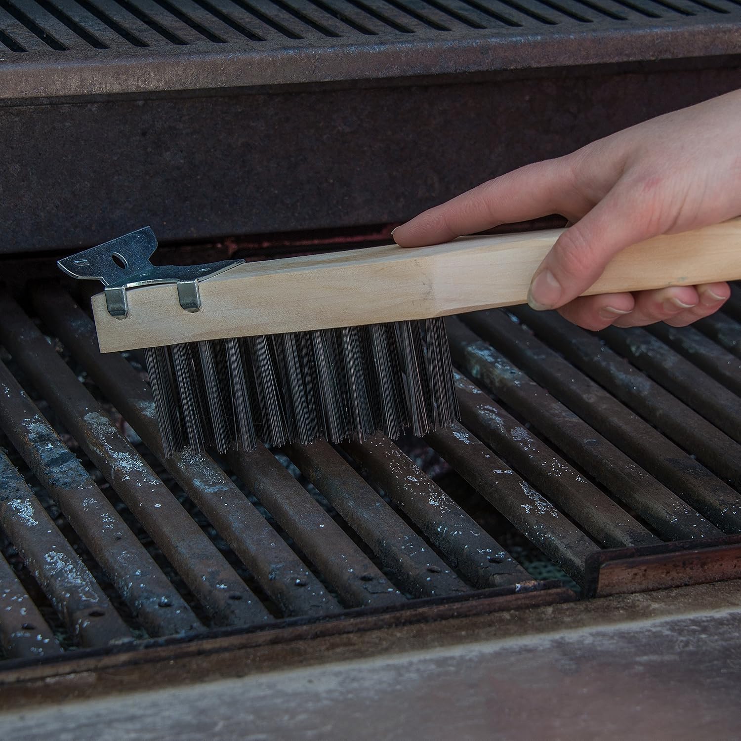 Carlisle FoodService Products Stainless Steel Wood Handle Scraper with Carbon Steel Bristles, Grill Brush, Grill Cleaning Brush with Carbon Steel Wire Bristles for Cleaning, 20 Inches, Tan, (12 Pack)